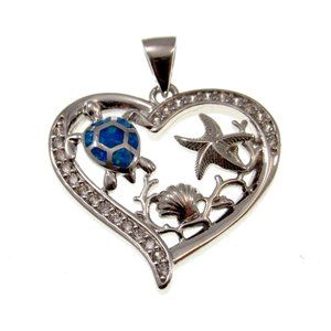 Solid 925 Sterling Silver and Blue Opal Sea Life Heart Pendant, Turtle & Shell